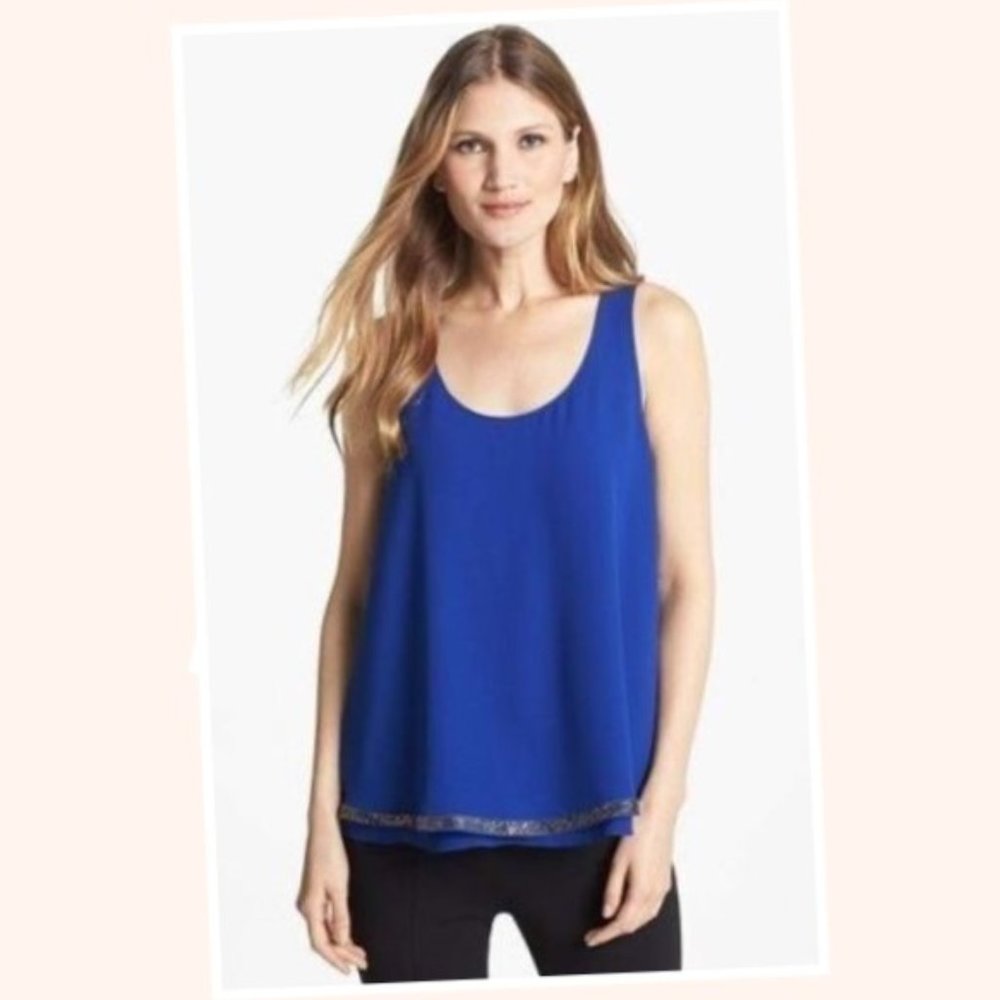 Alberto Makali Blue Sleeveless Scoop Neck Embellished Hem Top